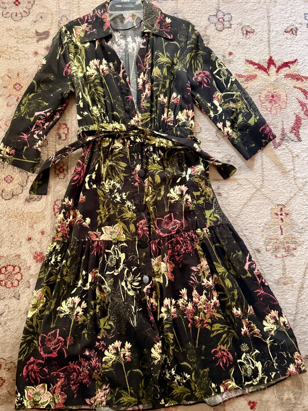ZARA Black Dress with Green and Pink Floral Print